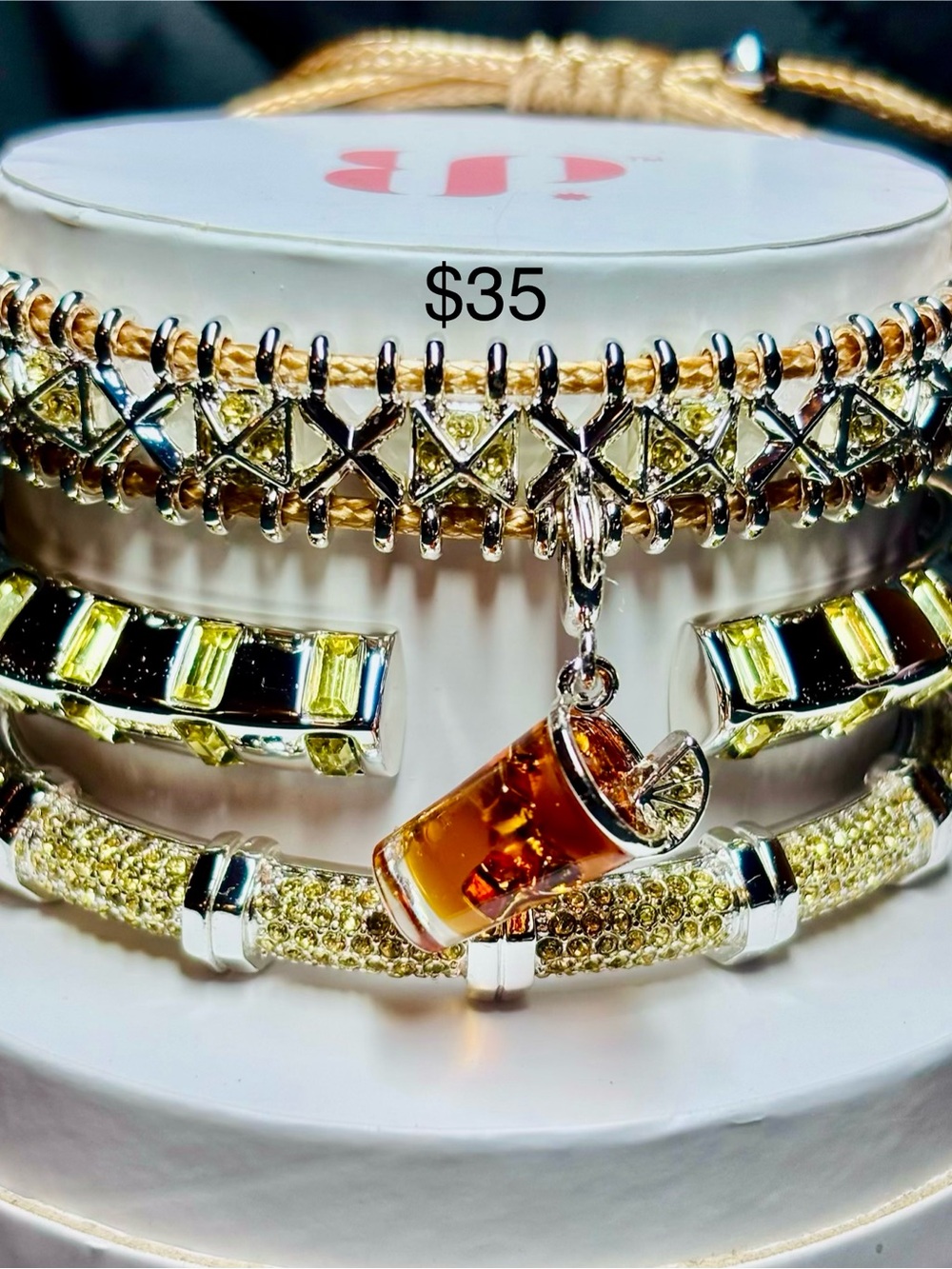 Gold-Tone Layered Bracelet Set with Yellow Crystal Accents and Drink Charm